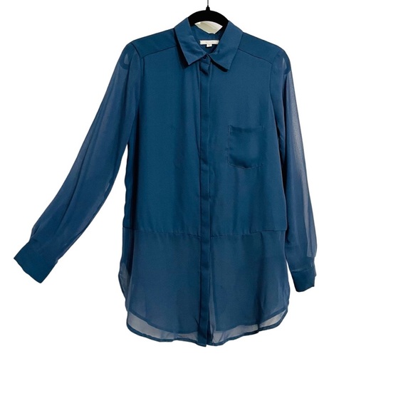 Pleione Tops - PLEIONE - Women's Blue Button Front Sheer Blouse - Size: Small
